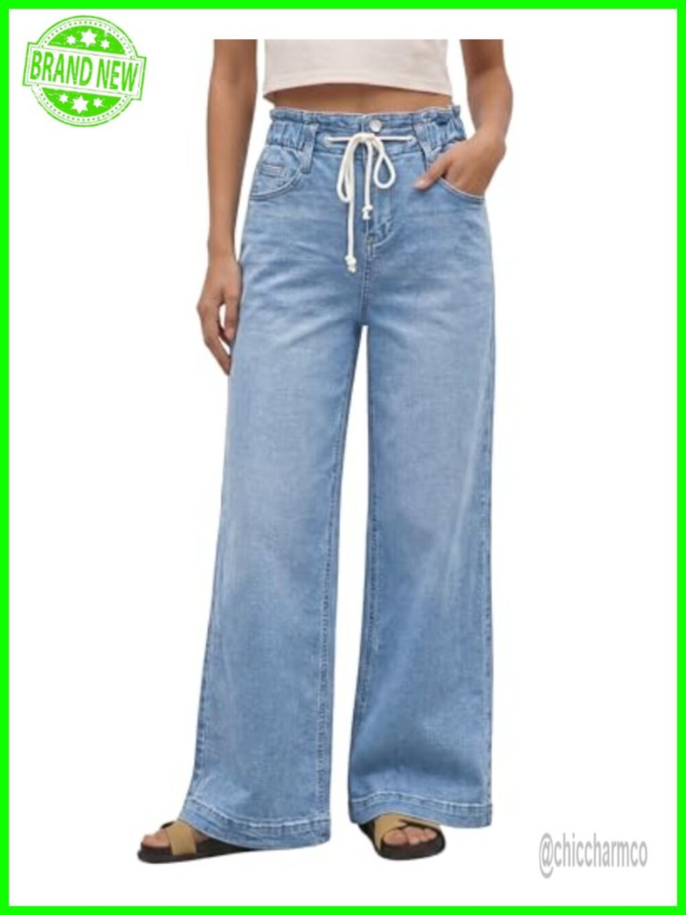 Wide Leg High Waisted Stretch Jeans Elastic Waist Bell Bottom Baggy Denim Pants